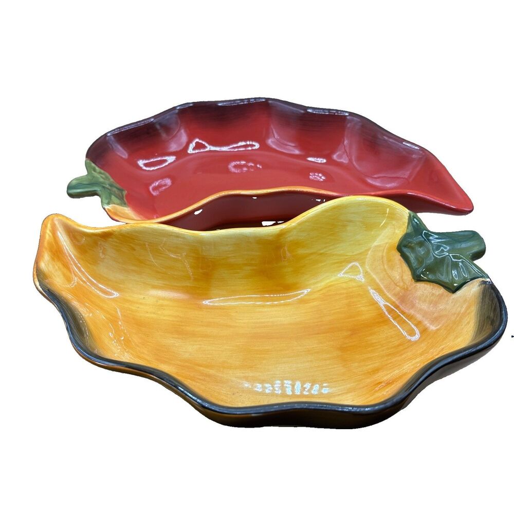 2-Clay Art La Mesa Chili Pepper Shaped Ceramic Dip 9” Dishes-Hand Painted-EUC